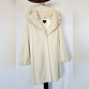 Gallery Women's Super Soft Faux Fur Coat Hooded Hook/Button Ivory Small